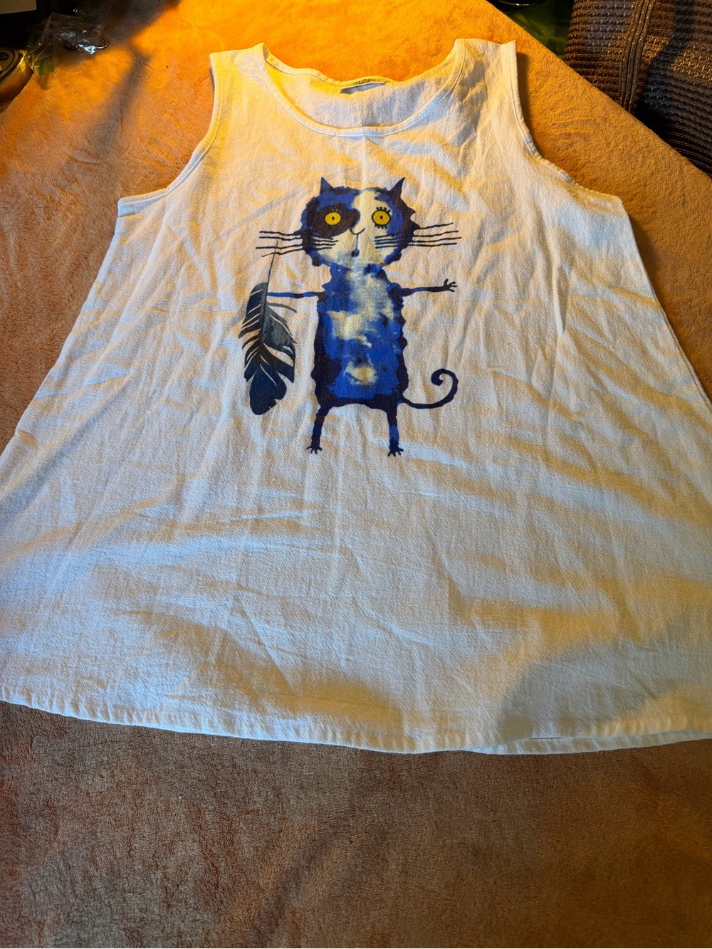 White Tank Top with Blue Cat Graphic by